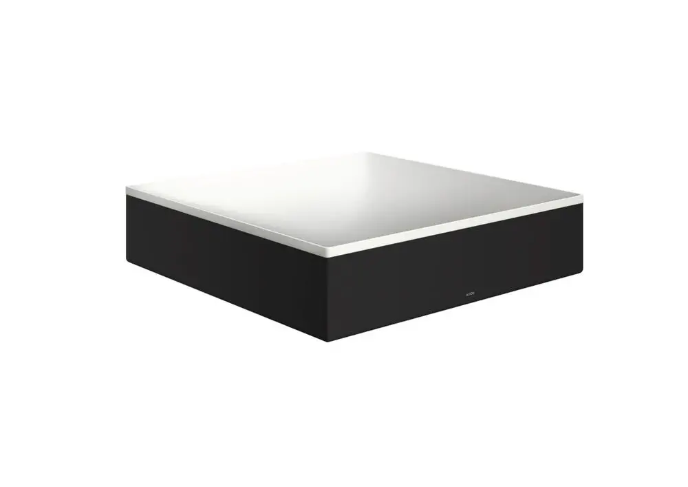 Schwarzer Aufsatzwaschtisch von AXOR mit mattschwarzer Oberfläche und einem glatten, weißen Becken. Ohne Hahnloch und Überlauf, auf rechteckiger Grundfläche.